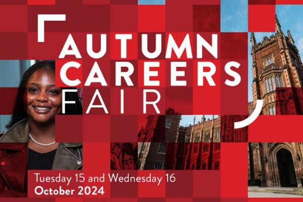 red background with person standing inside it and text saying Autumn careers fair